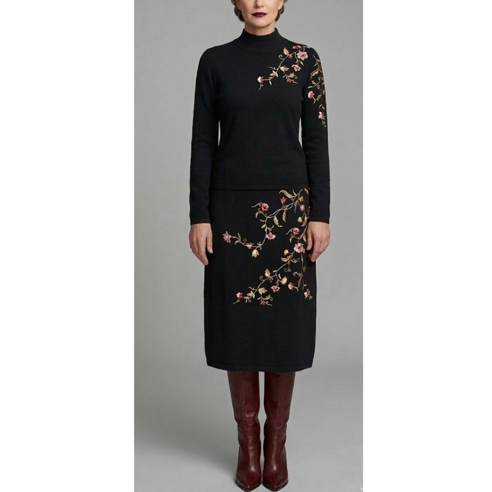 Rickie Freeman for Teri Jon women's black embroidered Sweater & Wool Skirt Set
